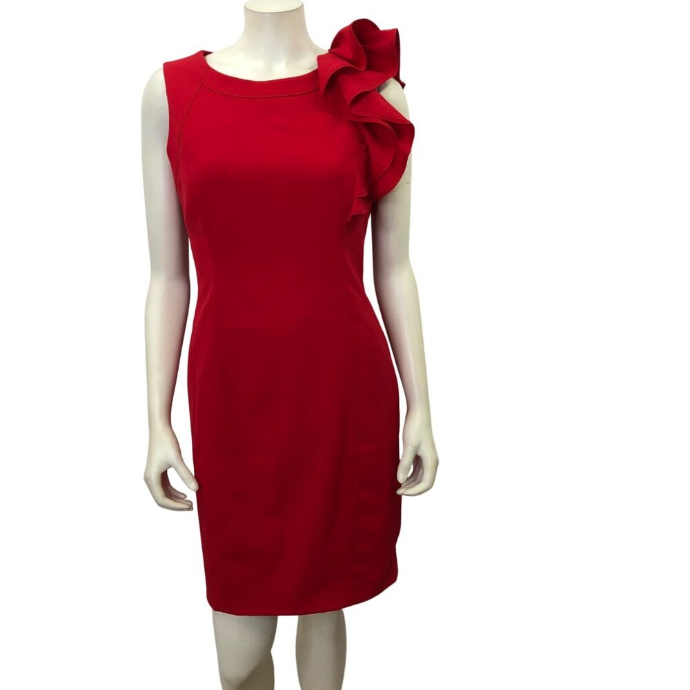 Calvin Klein Red Sleeveless Dress With Ruffle Shoulder Detail Size 8P‎